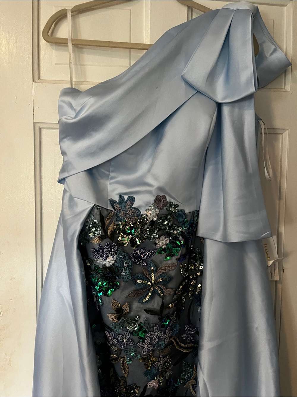 TS Couture -Off Shoulder Blue Satin Evening Dress with Sequin Bodice Brand New